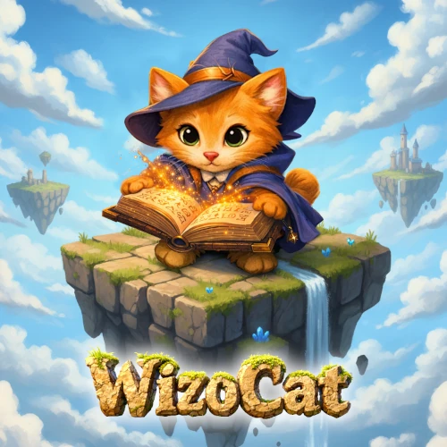 Wizocat board game: The wizard cat Archibalt of the Cardboard Box holding a grimoire on his island